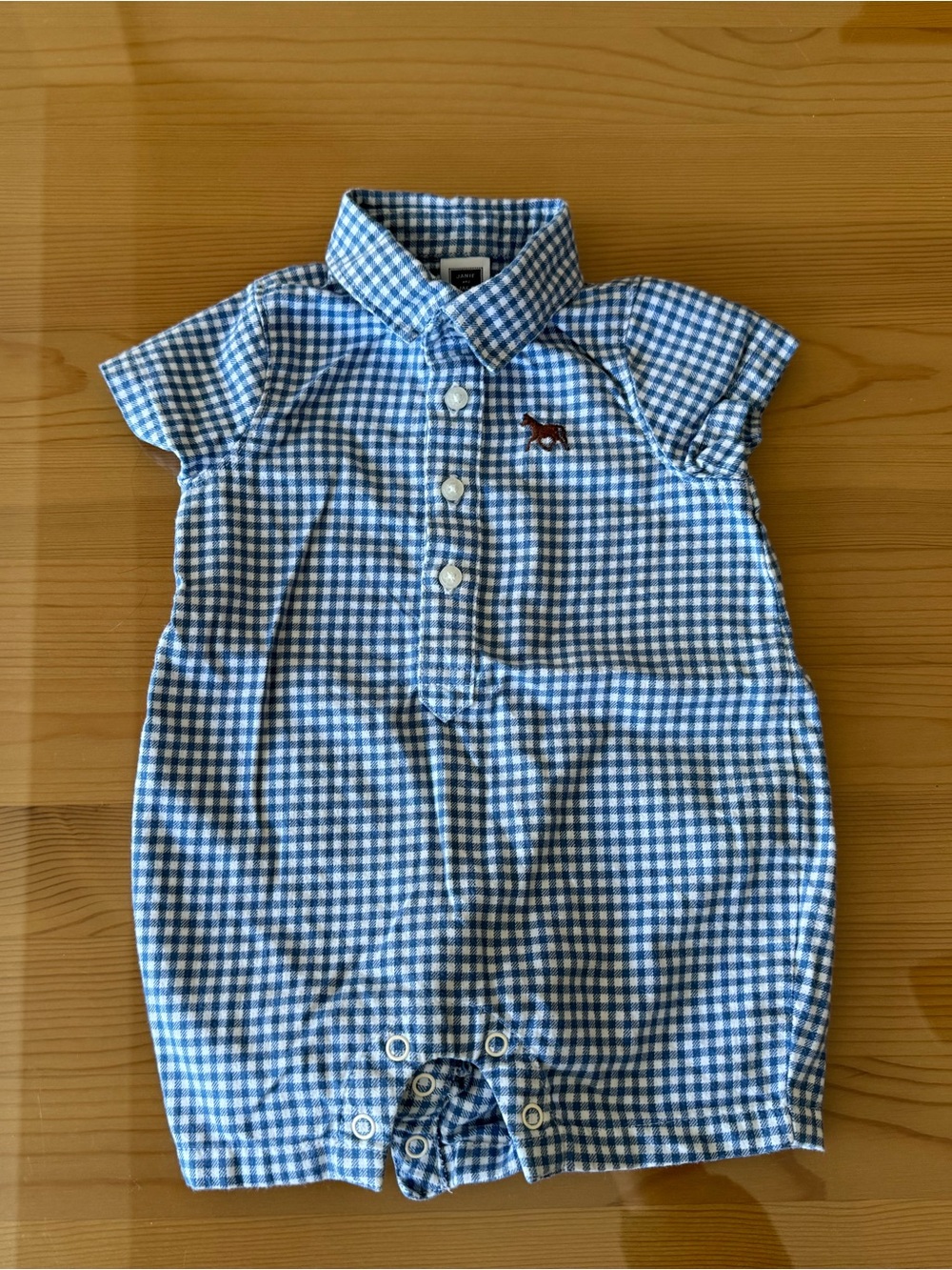Janie and Jack Blue Gingham Polo Romper with Embroidered Horse